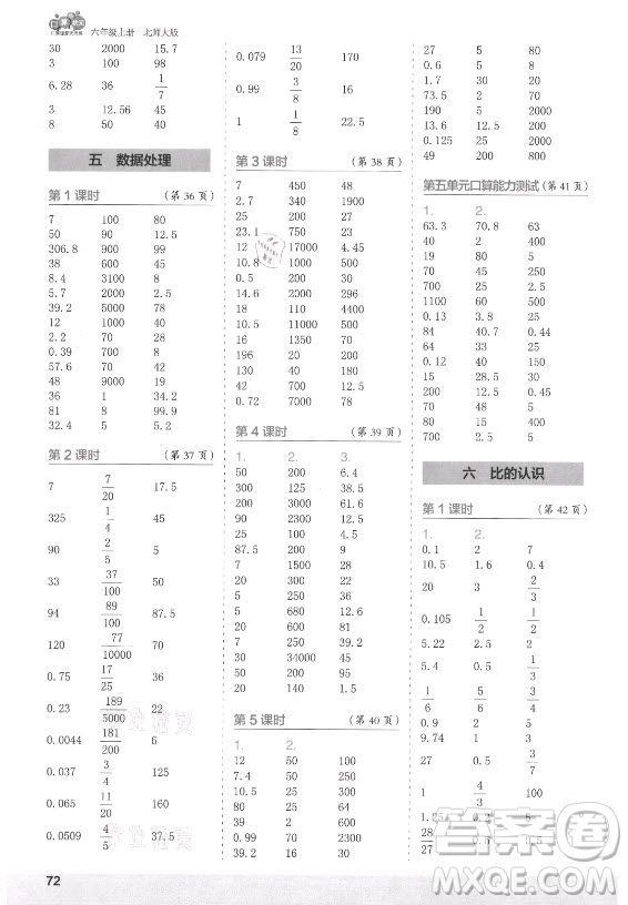 江蘇鳳凰少年兒童出版社2021口算小狀元口算速算天天練小學(xué)數(shù)學(xué)六年級上冊北師大版答案