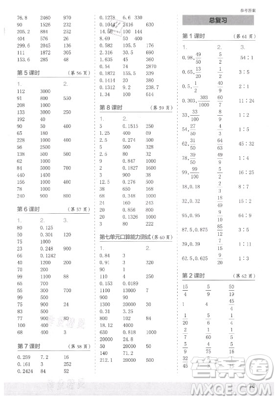 江蘇鳳凰少年兒童出版社2021口算小狀元口算速算天天練小學(xué)數(shù)學(xué)六年級上冊北師大版答案