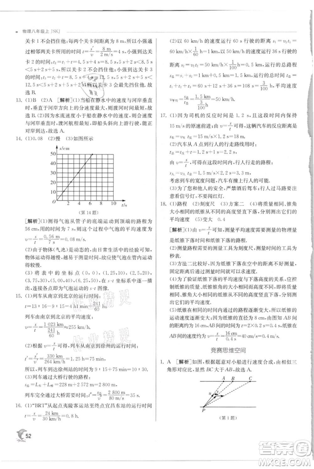 江蘇人民出版社2021實驗班提優(yōu)訓練八年級上冊物理蘇科版江蘇專版參考答案