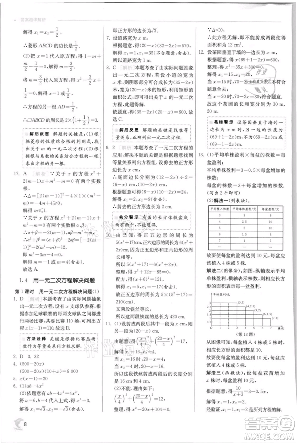 江蘇人民出版社2021實(shí)驗(yàn)班提優(yōu)訓(xùn)練九年級(jí)上冊(cè)數(shù)學(xué)蘇科版江蘇專版參考答案