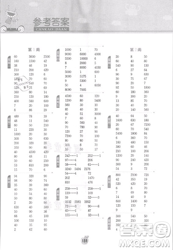 江蘇人民出版社2021小學數學計算高手四年級上冊蘇教版答案