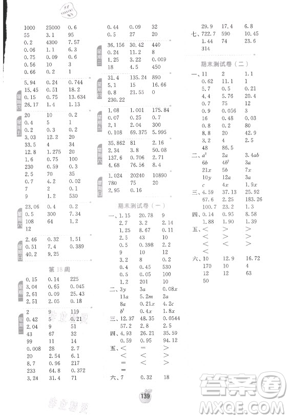  江蘇人民出版社2021小學(xué)數(shù)學(xué)計算高手五年級上冊蘇教版答案