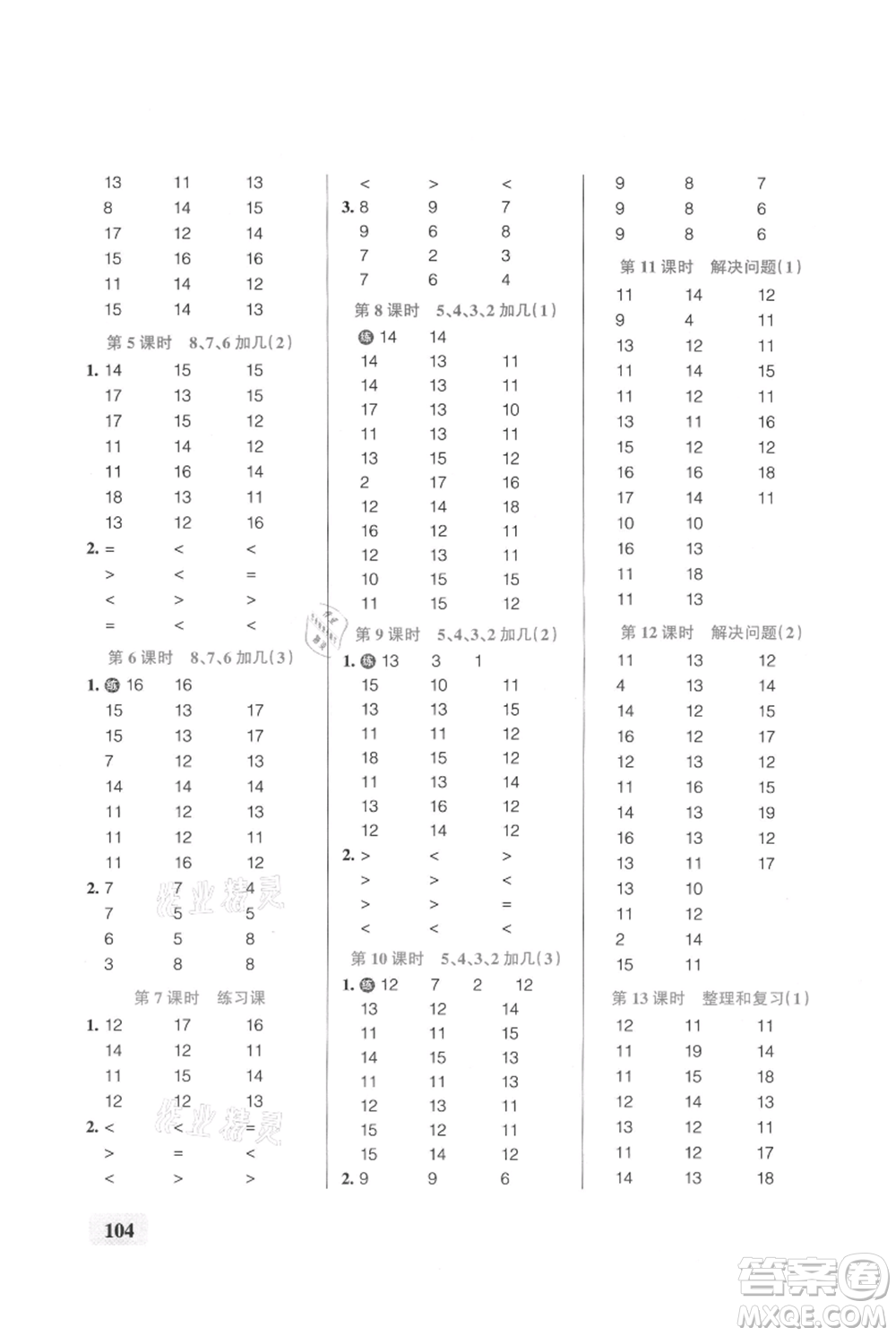 遼寧教育出版社2021小學(xué)學(xué)霸口算一年級上冊數(shù)學(xué)人教版參考答案