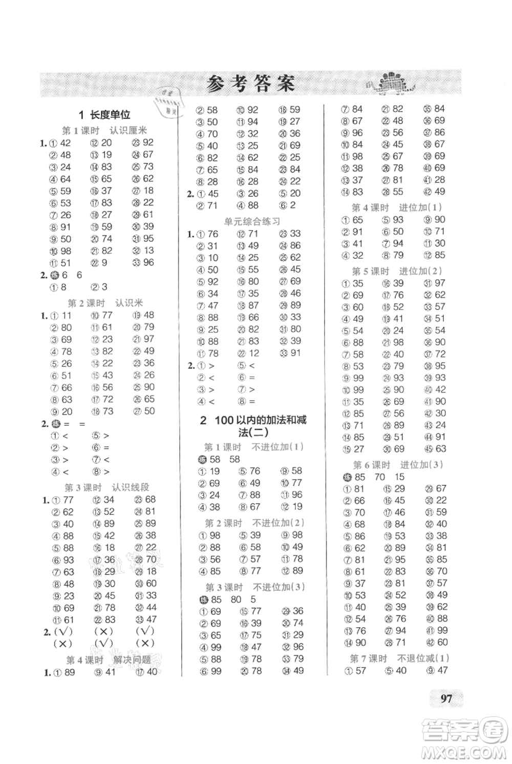 遼寧教育出版社2021小學(xué)學(xué)霸口算二年級(jí)上冊(cè)數(shù)學(xué)人教版參考答案