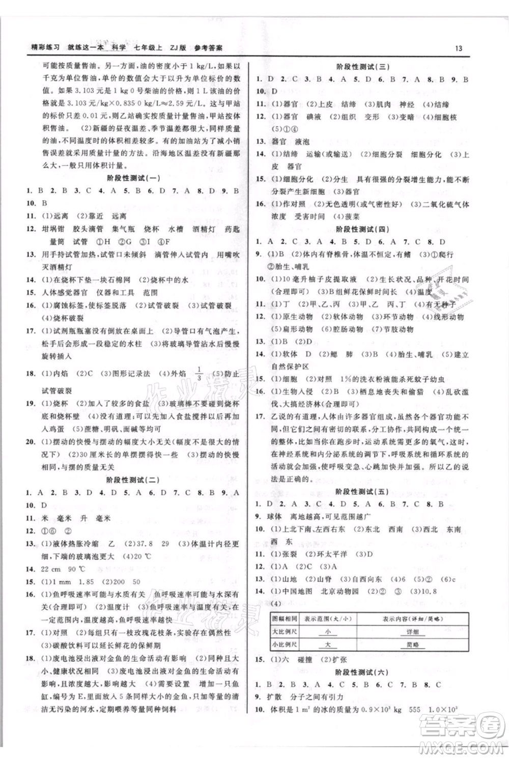 浙江工商大學(xué)出版社2021精彩練習(xí)就練這一本七年級上冊科學(xué)浙教版參考答案