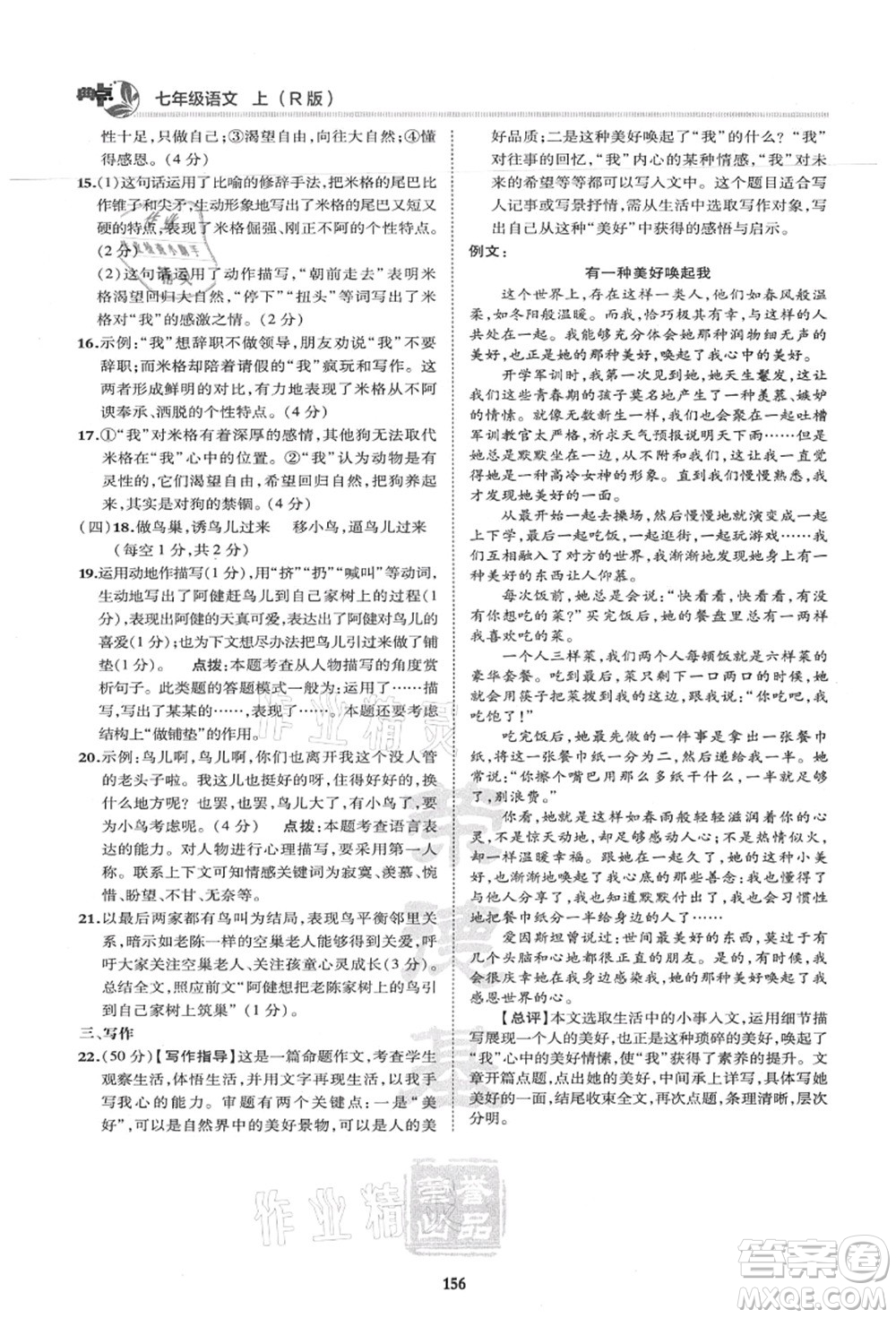 陜西人民教育出版社2021典中點綜合應(yīng)用創(chuàng)新題七年級語文上冊R人教版答案