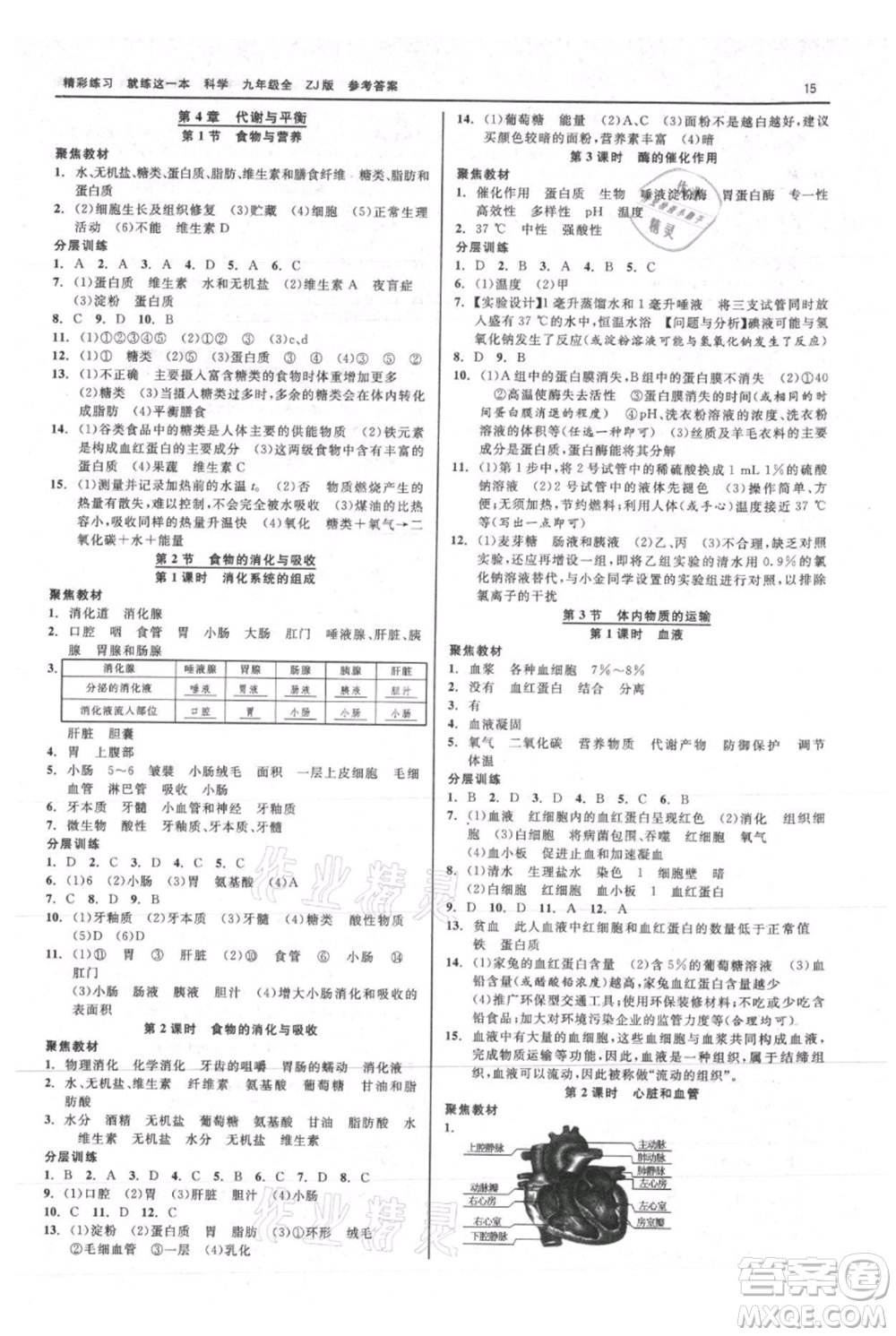 浙江工商大學(xué)出版社2021精彩練習(xí)就練這一本九年級(jí)科學(xué)浙教版參考答案