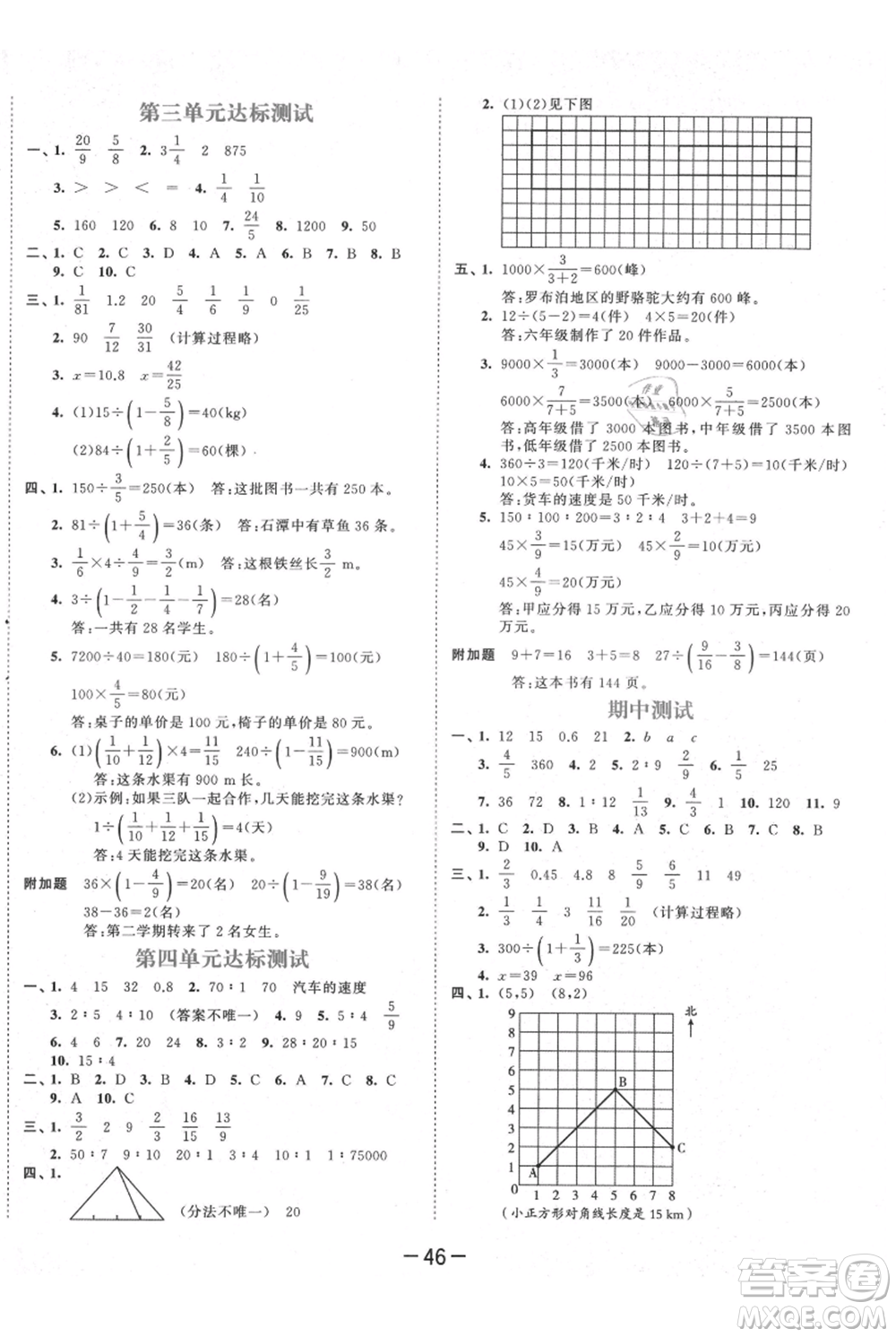 教育科學(xué)出版社2021年53天天練六年級上冊數(shù)學(xué)人教版參考答案