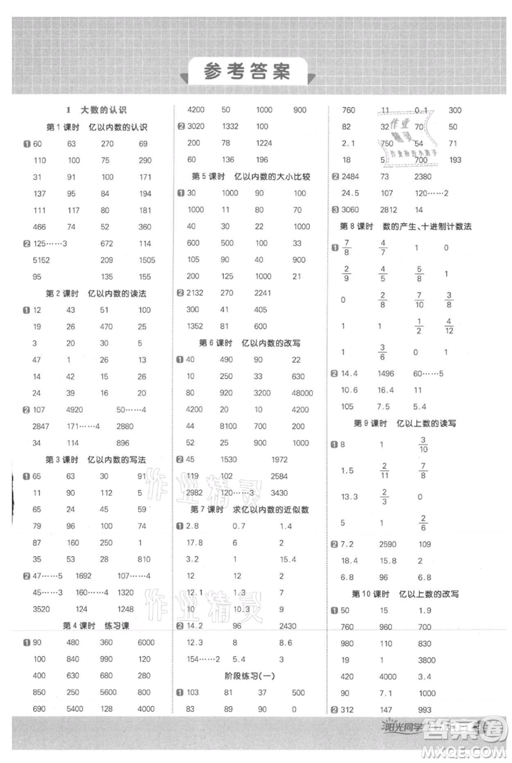 江西教育出版社2021陽光同學(xué)計(jì)算小達(dá)人四年級上冊人教版參考答案