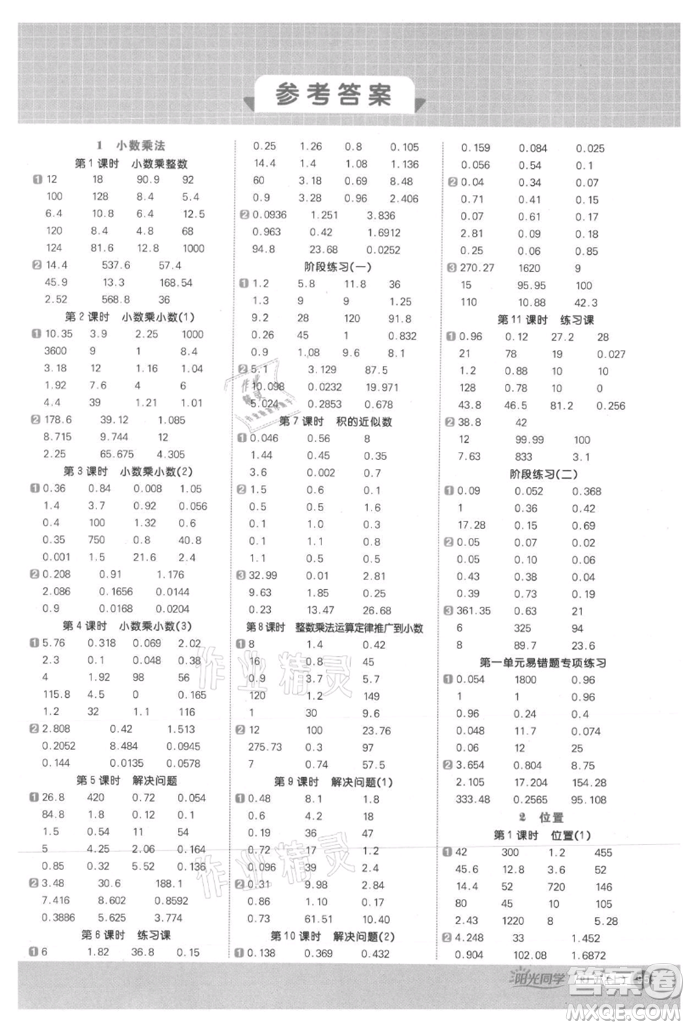 江西教育出版社2021陽光同學(xué)計算小達人五年級上冊人教版參考答案