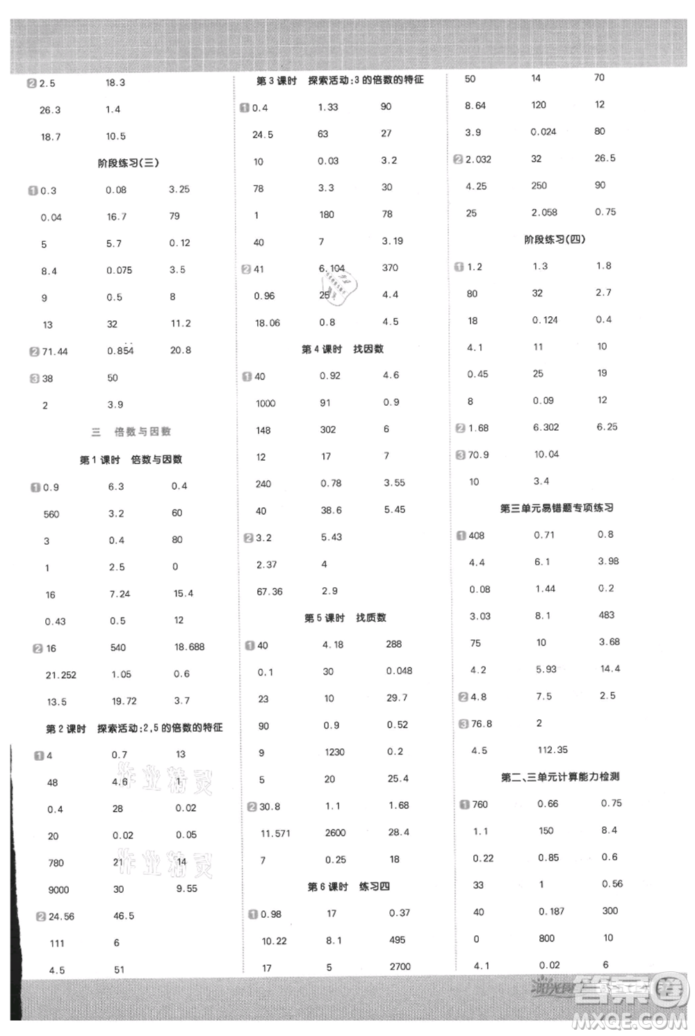 江西教育出版社2021陽光同學(xué)計算小達(dá)人五年級上冊北師大版參考答案