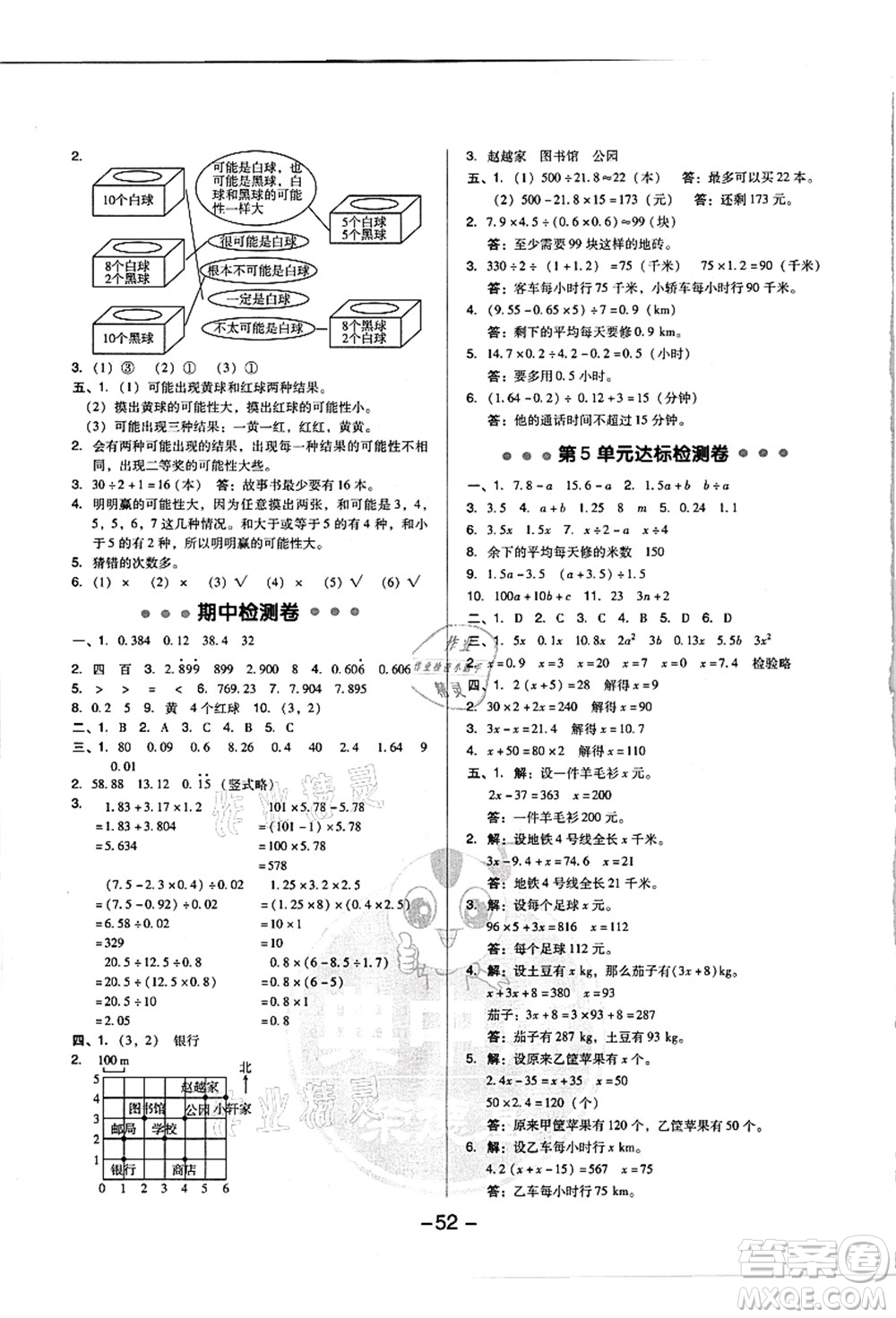 吉林教育出版社2021典中點(diǎn)綜合應(yīng)用創(chuàng)新題五年級數(shù)學(xué)上冊R人教版浙江專版答案