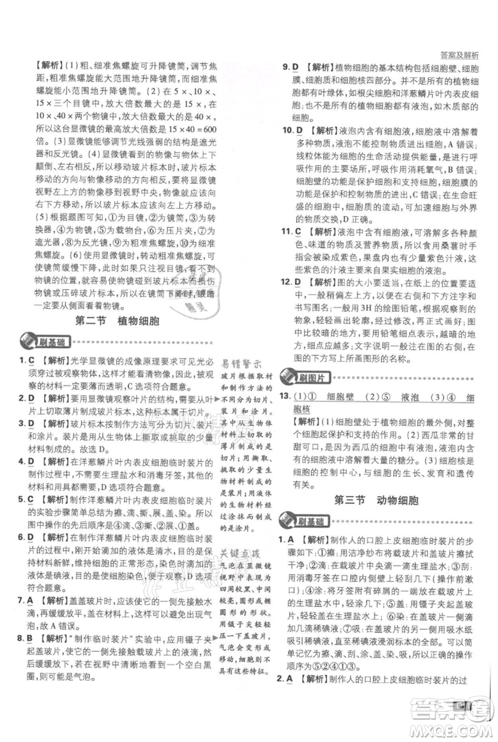 開明出版社2021初中必刷題七年級上冊生物人教版參考答案