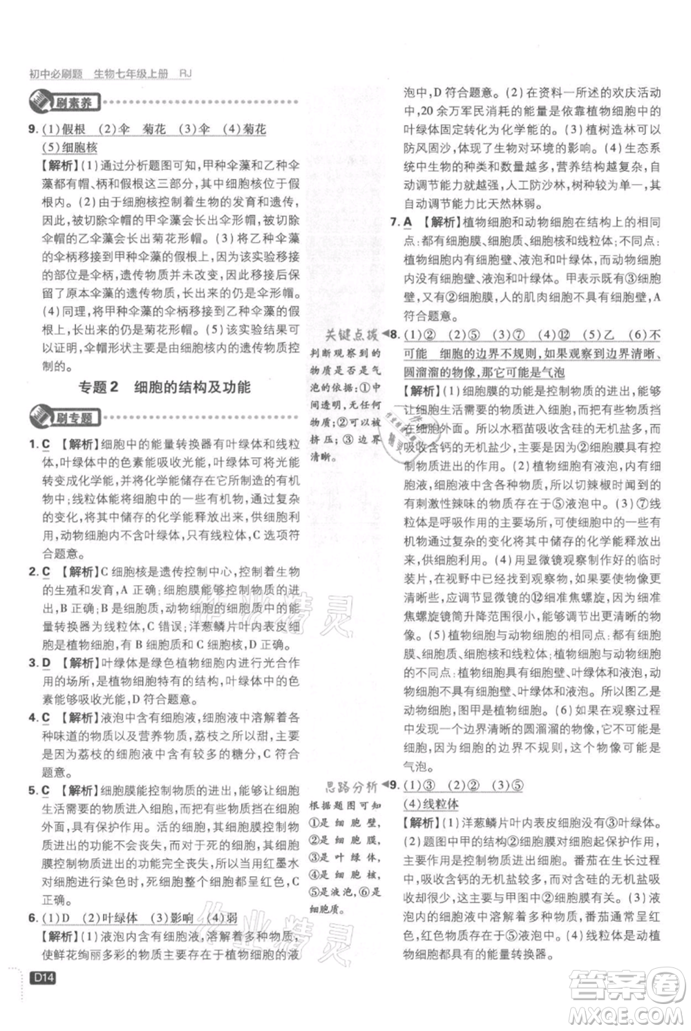 開明出版社2021初中必刷題七年級上冊生物人教版參考答案