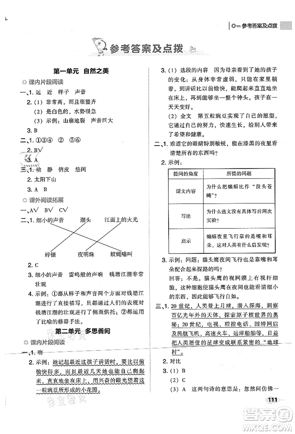 吉林教育出版社2021典中點(diǎn)綜合應(yīng)用創(chuàng)新題四年級(jí)語(yǔ)文上冊(cè)R人教版山西專版答案