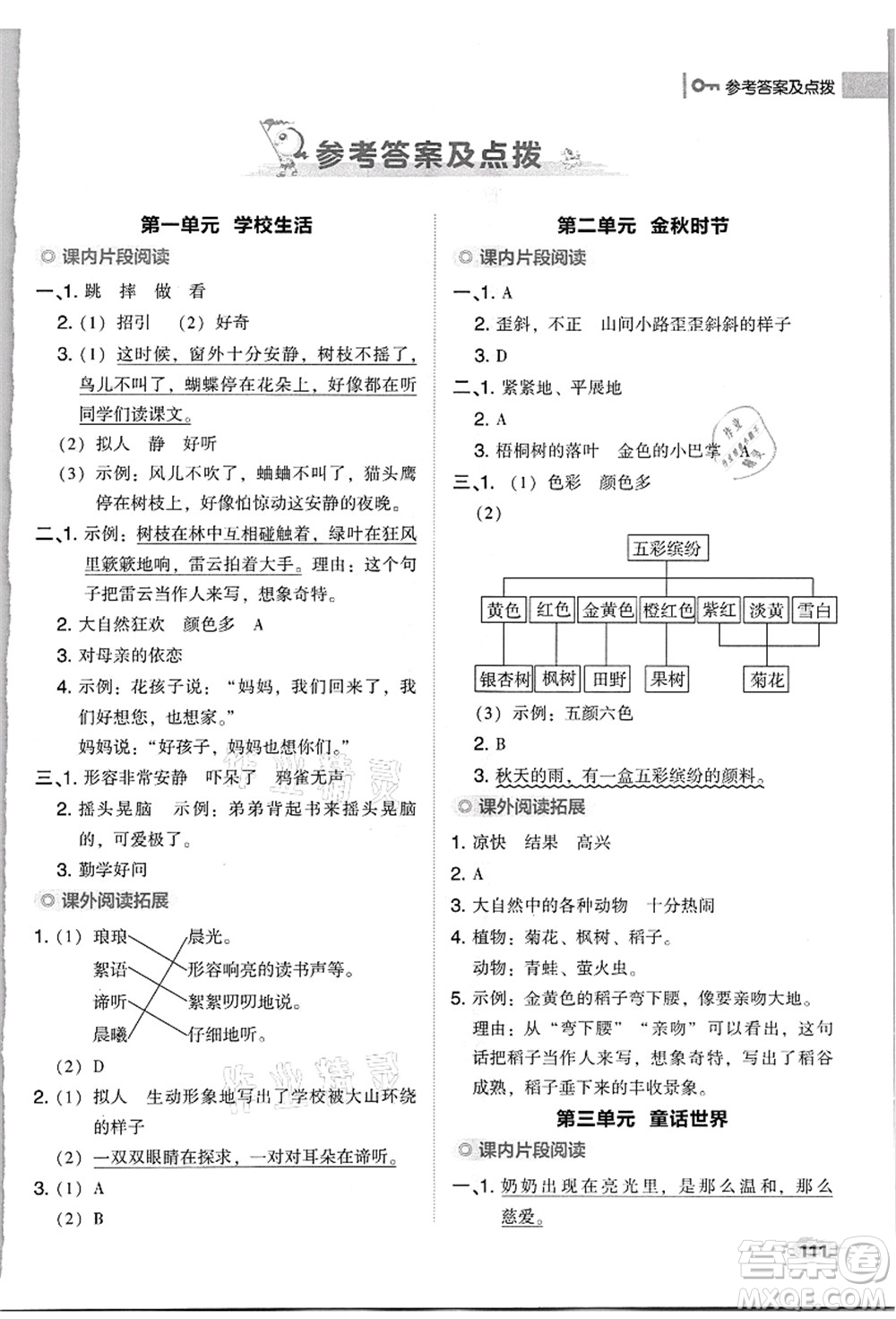 吉林教育出版社2021典中點(diǎn)綜合應(yīng)用創(chuàng)新題三年級(jí)語文上冊(cè)R人教版浙江專版答案