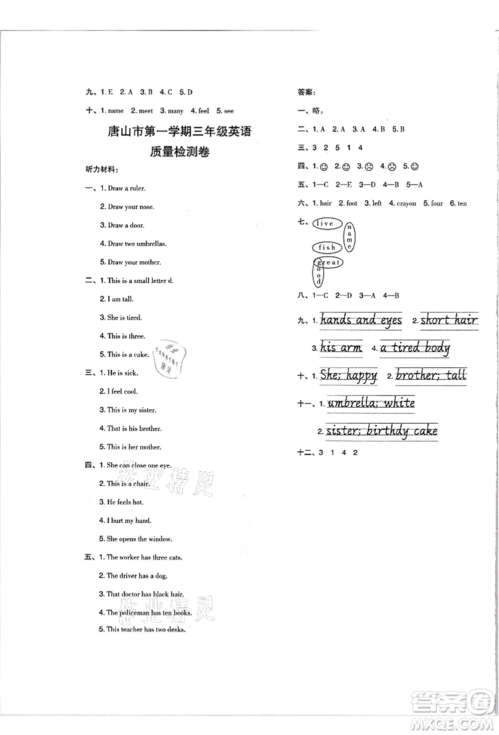 吉林教育出版社2021典中點(diǎn)綜合應(yīng)用創(chuàng)新題三年級英語上冊JJ冀教版答案