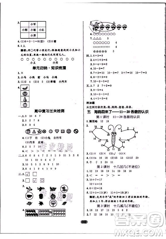 沈陽出版社2021黃岡名師天天練數(shù)學(xué)一年級上冊青島版答案