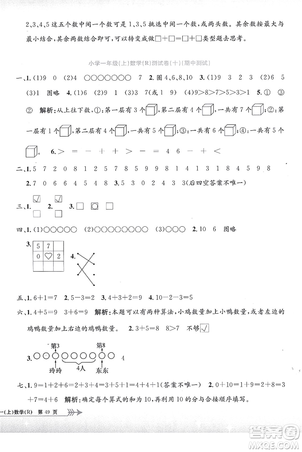 浙江工商大學(xué)出版社2021孟建平系列叢書小學(xué)單元測試一年級數(shù)學(xué)上冊R人教版答案