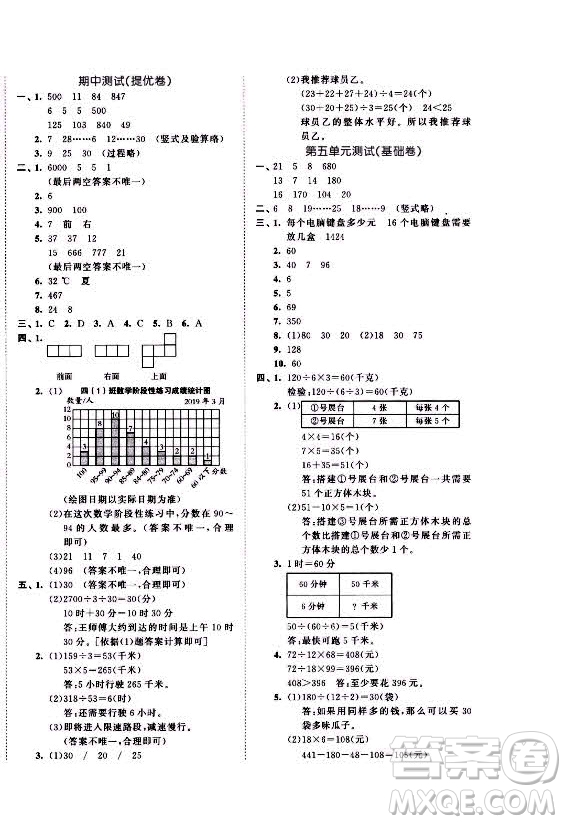 西安出版社2021秋季53全優(yōu)卷小學(xué)數(shù)學(xué)四年級上冊SJ蘇教版答案