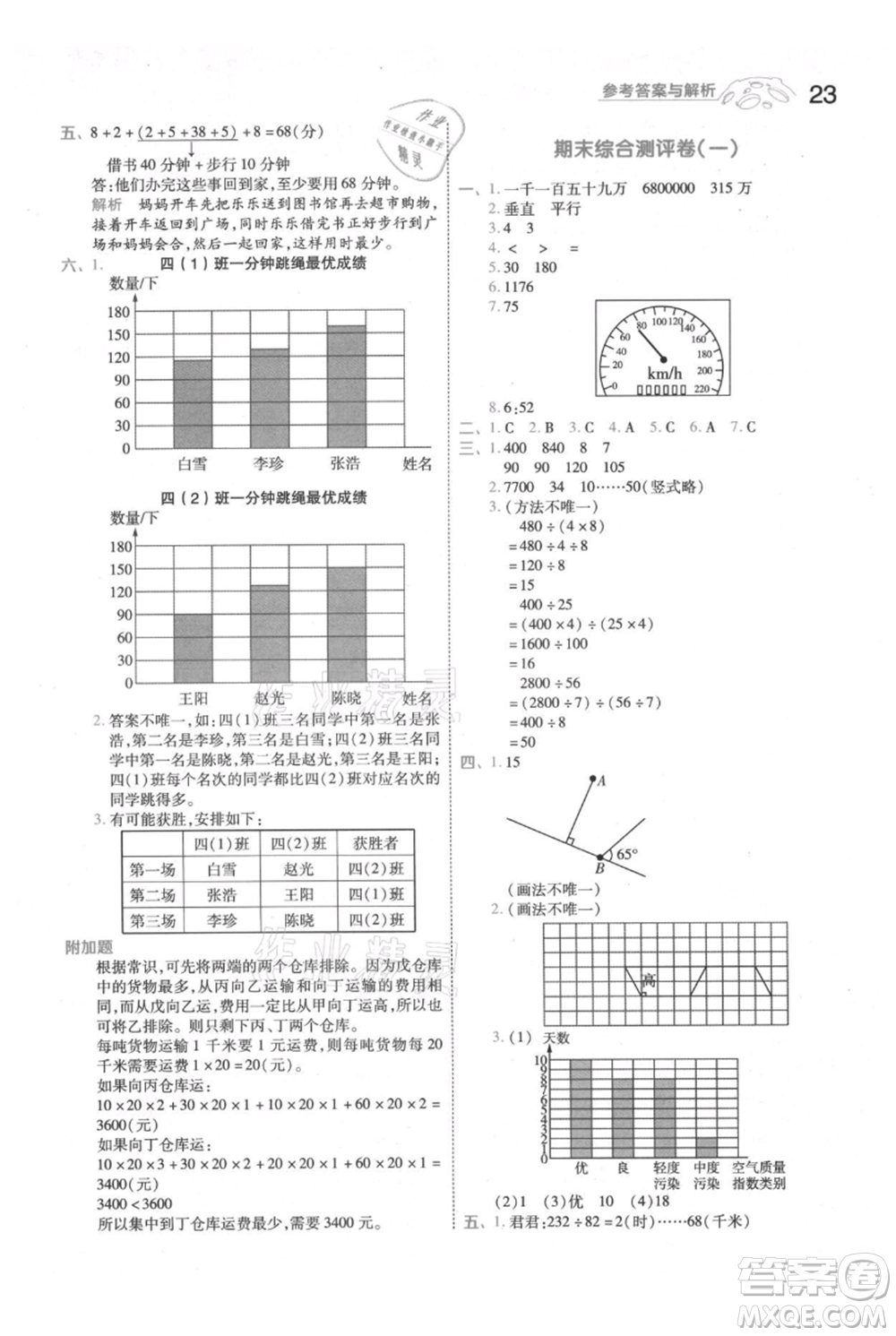 南京師范大學出版社2021一遍過四年級上冊數學人教版參考答案