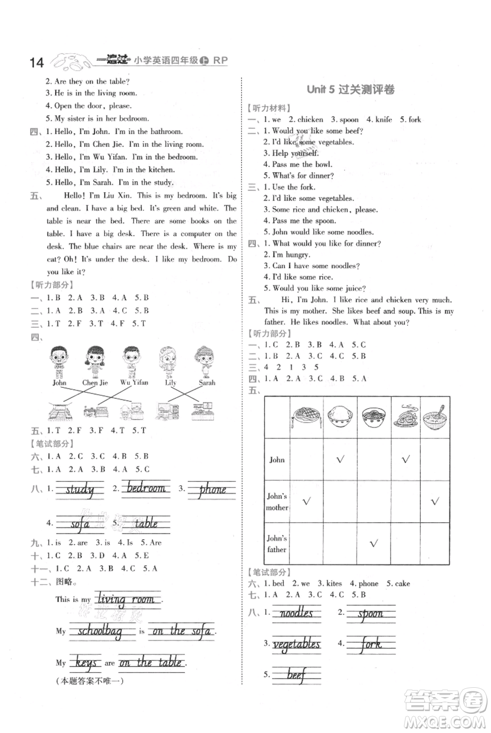 南京師范大學(xué)出版社2021一遍過四年級上冊英語人教版參考答案