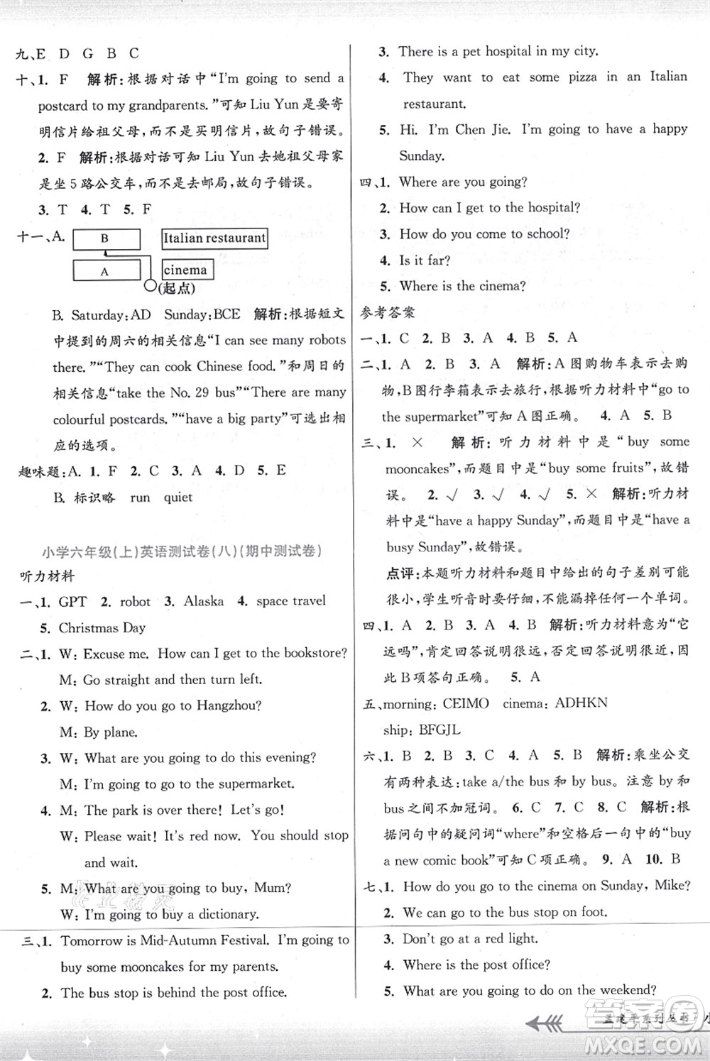 浙江工商大學(xué)出版社2021孟建平系列叢書(shū)小學(xué)單元測(cè)試六年級(jí)英語(yǔ)上冊(cè)R人教版答案