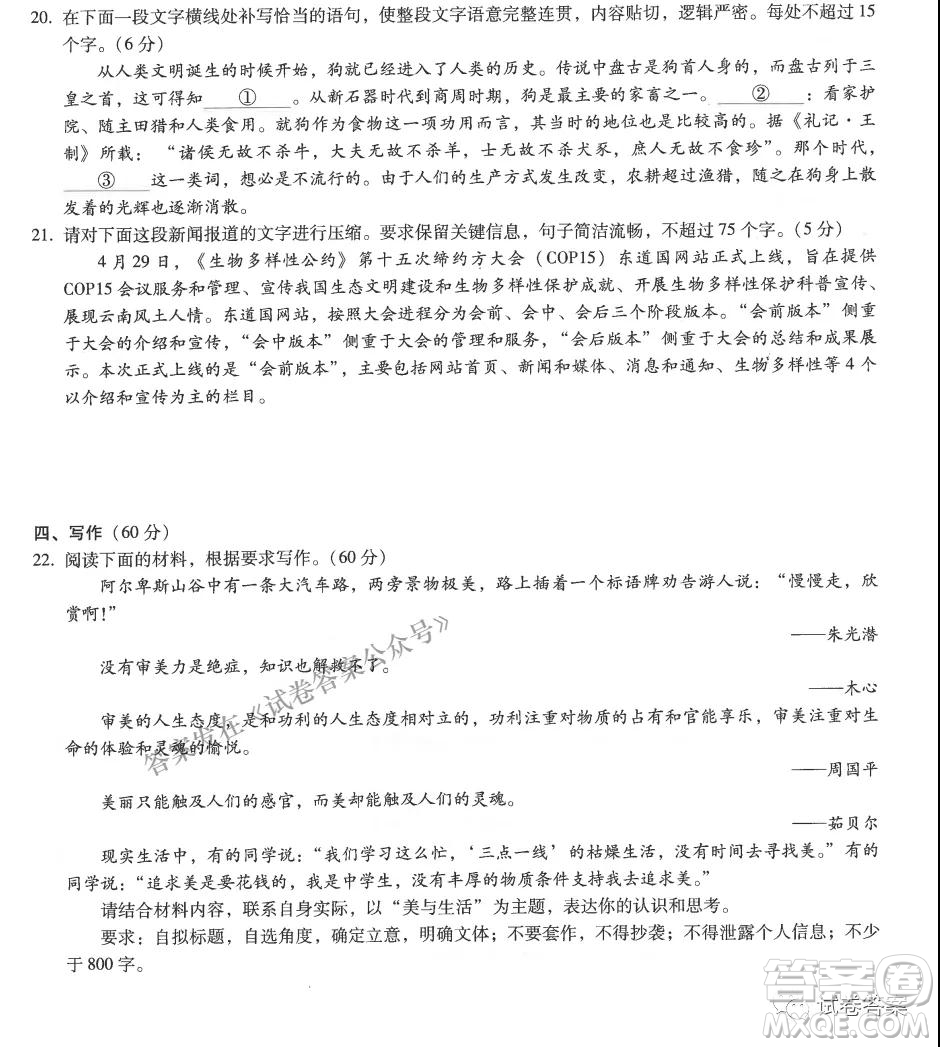 云南師大附中2022屆高考適應(yīng)性月考卷二語文試卷及答案