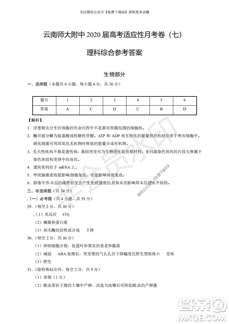 云南師大附中2022屆高考適應(yīng)性月考卷二理科綜合試卷及答案