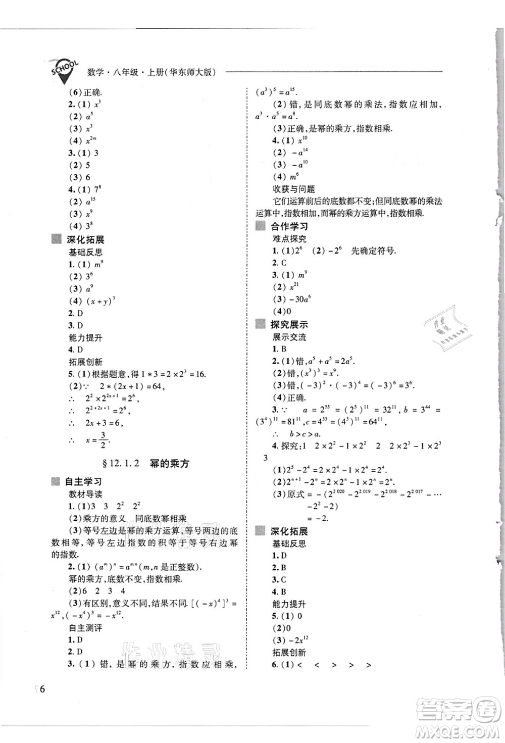 山西教育出版社2021新課程問題解決導(dǎo)學(xué)方案八年級數(shù)學(xué)上冊華東師大版答案