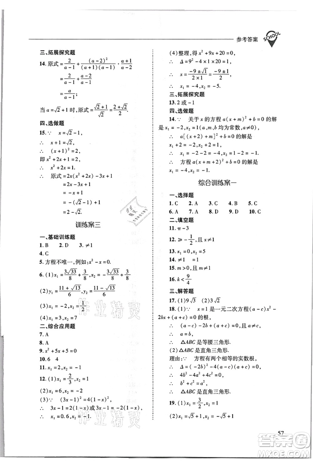 山西教育出版社2021新課程問題解決導(dǎo)學(xué)方案九年級數(shù)學(xué)上冊華東師大版答案