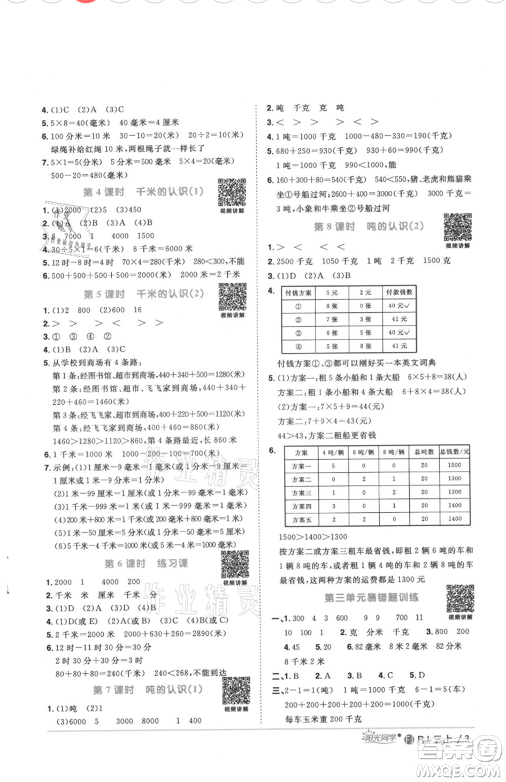 福建少年兒童出版社2021陽(yáng)光同學(xué)課時(shí)優(yōu)化作業(yè)三年級(jí)上冊(cè)數(shù)學(xué)人教版福建專版參考答案