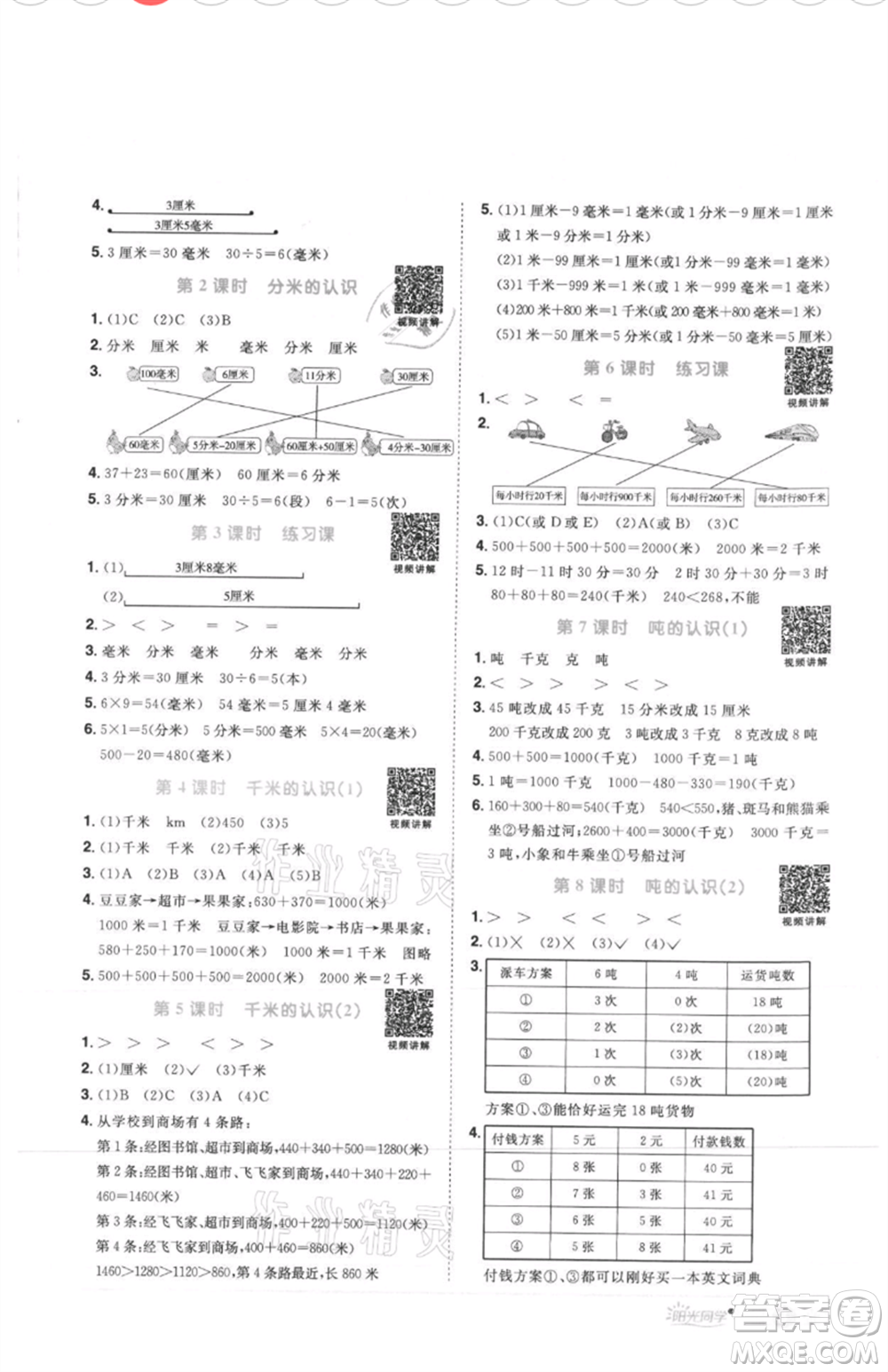 江西教育出版社2021陽光同學課時優(yōu)化作業(yè)三年級上冊數(shù)學人教版菏澤專版參考答案