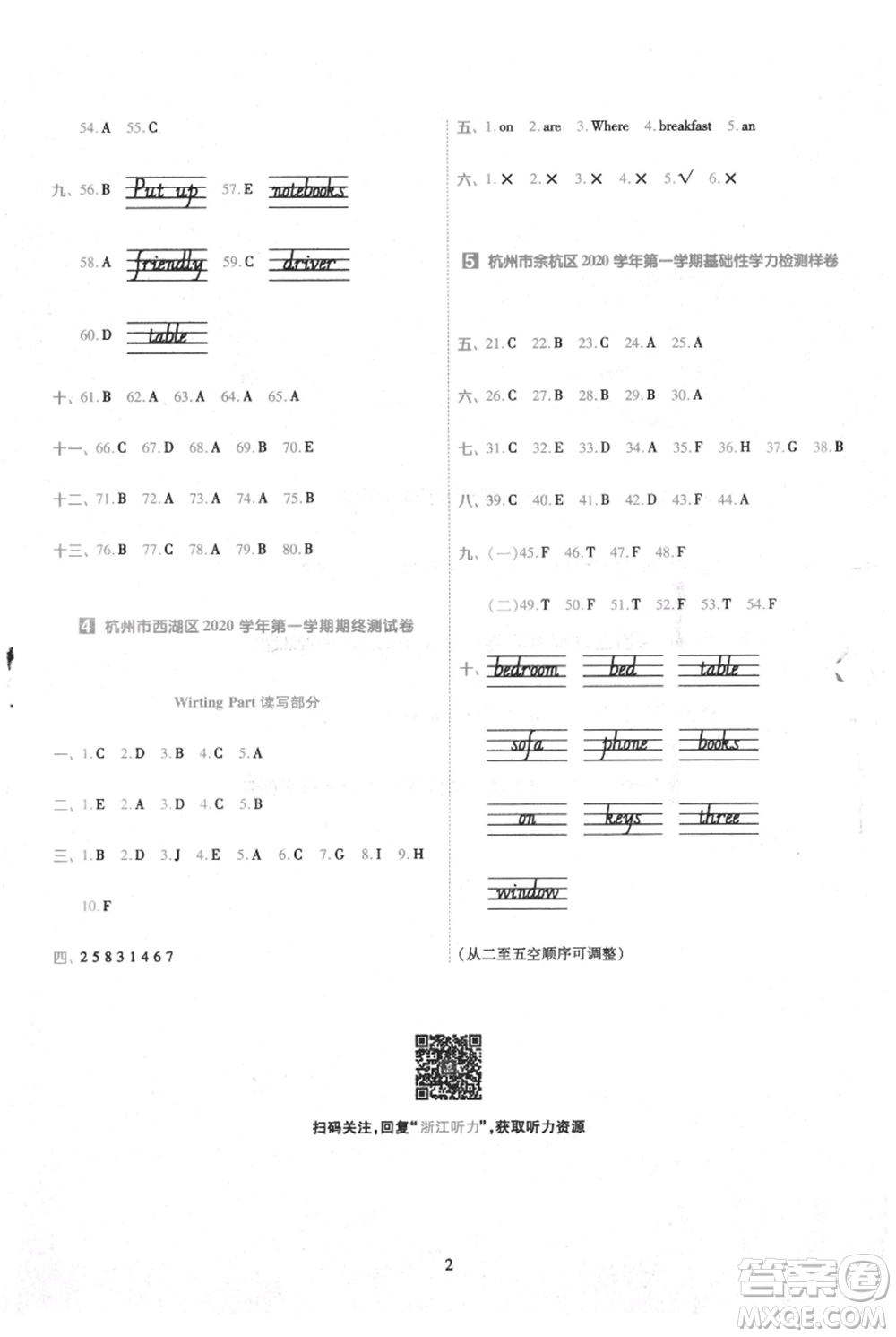 南京師范大學出版社2021一遍過四年級上冊英語人教版浙江專用參考答案