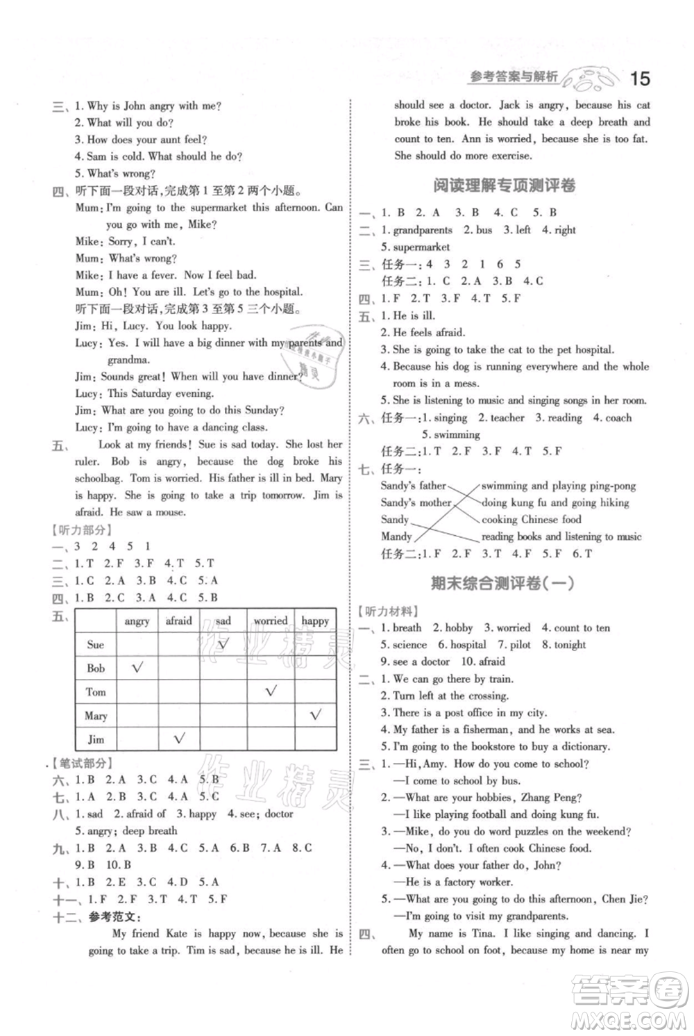 南京師范大學出版社2021一遍過六年級上冊英語人教版參考答案