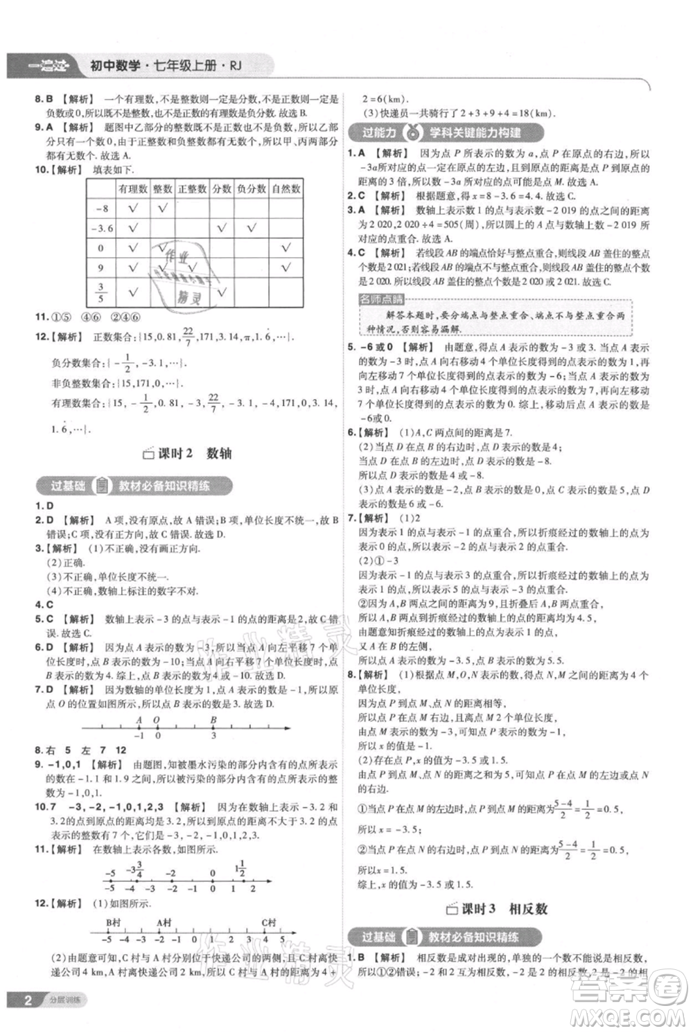 南京師范大學(xué)出版社2021一遍過七年級上冊數(shù)學(xué)人教版參考答案