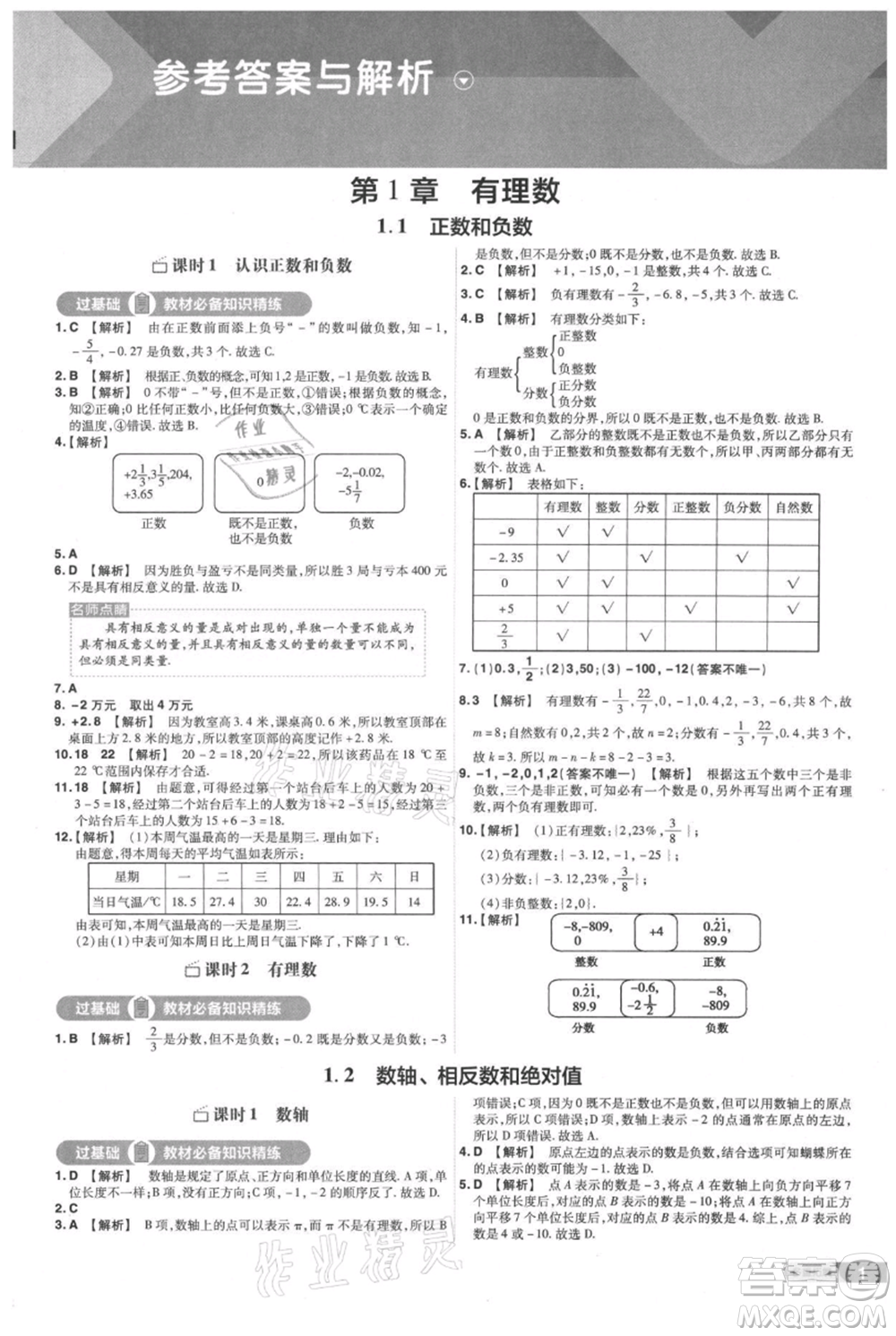 南京師范大學(xué)出版社2021一遍過七年級上冊數(shù)學(xué)滬教版參考答案