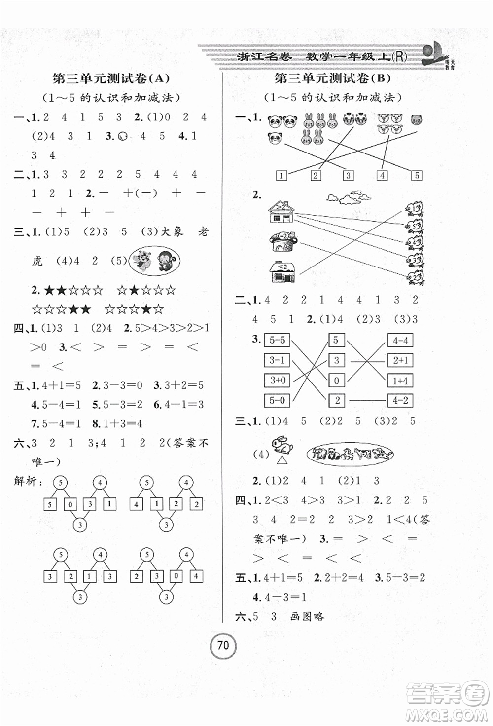 浙江大學(xué)出版社2021浙江名卷一年級數(shù)學(xué)上冊R人教版答案