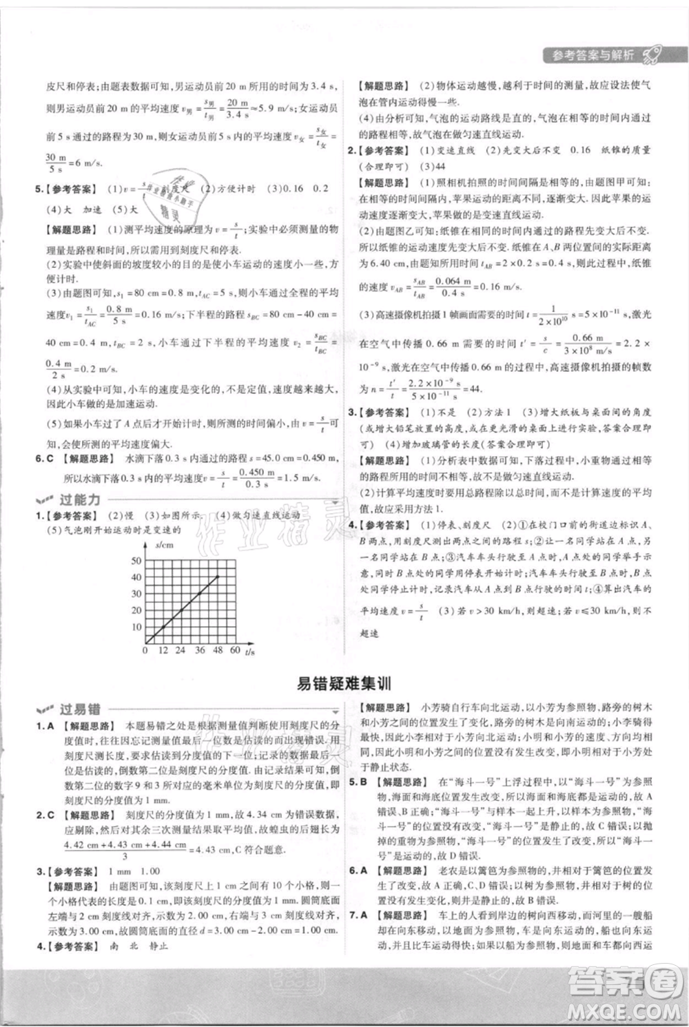 南京師范大學(xué)出版社2021一遍過八年級上冊物理滬科版參考答案