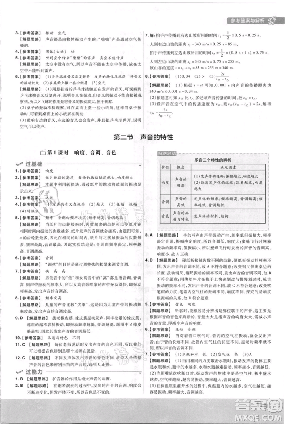 南京師范大學(xué)出版社2021一遍過八年級上冊物理滬科版參考答案