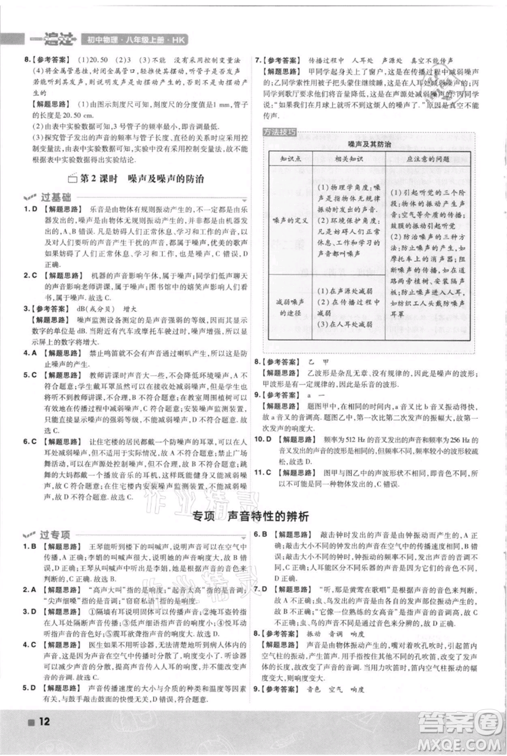 南京師范大學(xué)出版社2021一遍過八年級上冊物理滬科版參考答案