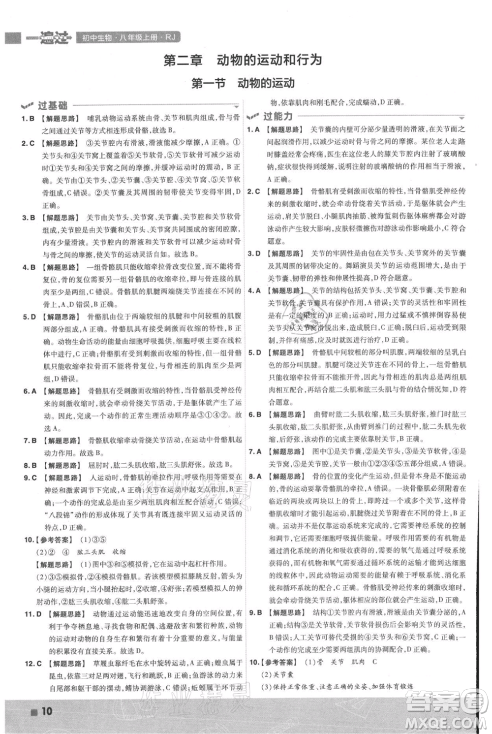 南京師范大學(xué)出版社2021一遍過八年級上冊生物人教版參考答案