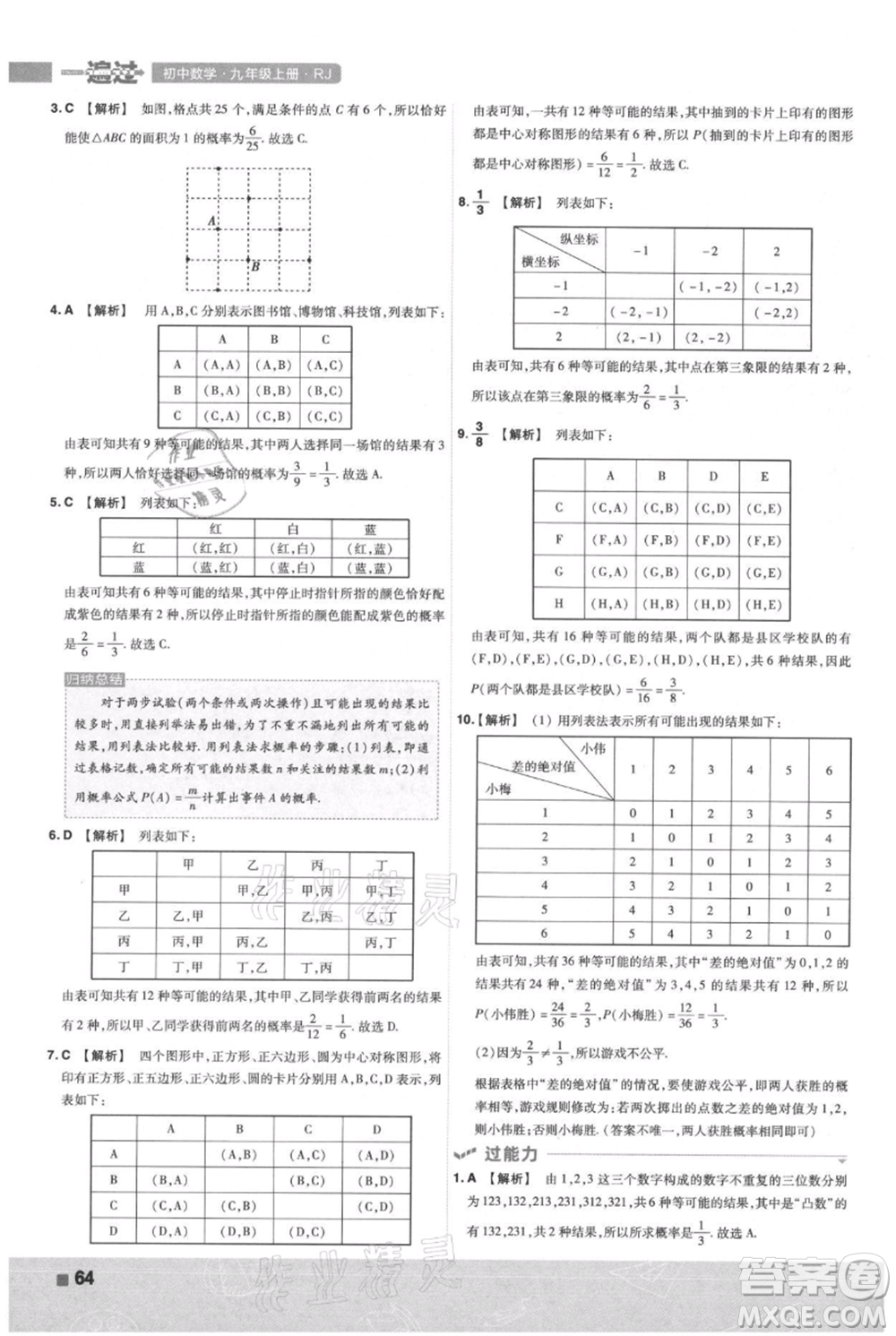 南京師范大學(xué)出版社2021一遍過(guò)九年級(jí)上冊(cè)數(shù)學(xué)人教版參考答案