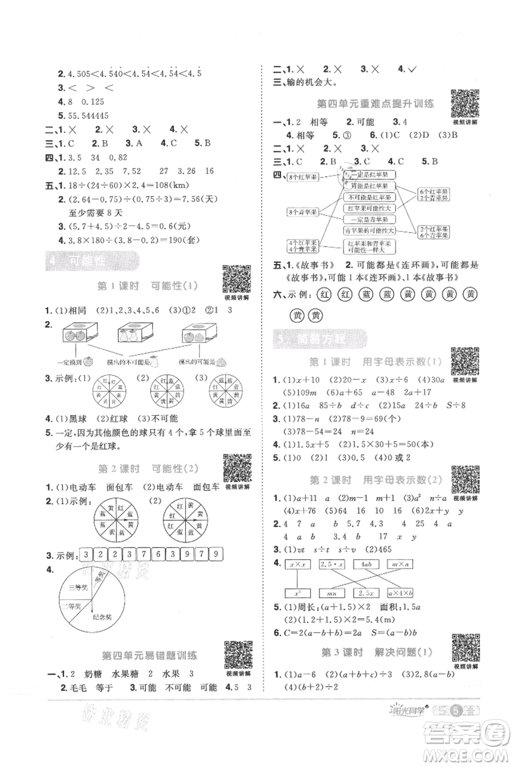 江西教育出版社2021陽光同學(xué)課時優(yōu)化作業(yè)五年級上冊數(shù)學(xué)人教版參考答案