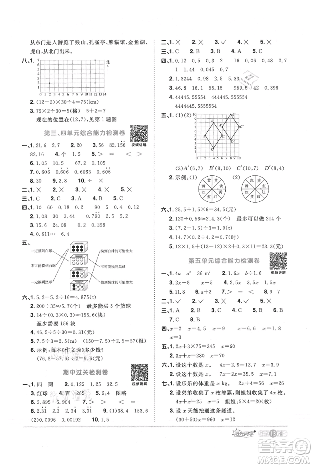 江西教育出版社2021陽光同學(xué)課時優(yōu)化作業(yè)五年級上冊數(shù)學(xué)人教版參考答案