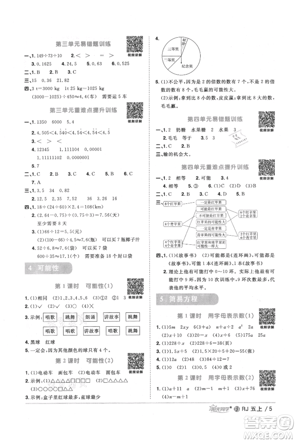 福建少年兒童出版社2021陽光同學(xué)課時(shí)優(yōu)化作業(yè)五年級上冊數(shù)學(xué)人教版福建專版參考答案