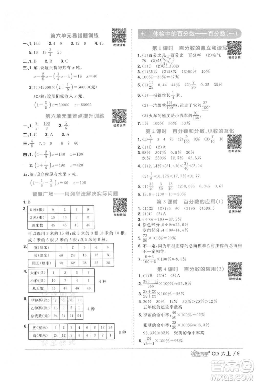 江西教育出版社2021陽(yáng)光同學(xué)課時(shí)優(yōu)化作業(yè)六年級(jí)上冊(cè)數(shù)學(xué)青島版參考答案