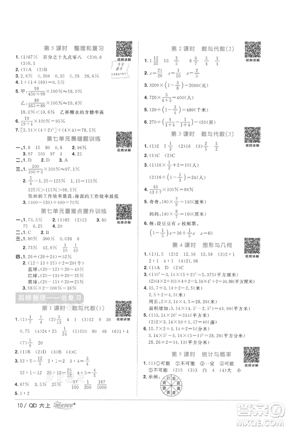 江西教育出版社2021陽(yáng)光同學(xué)課時(shí)優(yōu)化作業(yè)六年級(jí)上冊(cè)數(shù)學(xué)青島版參考答案