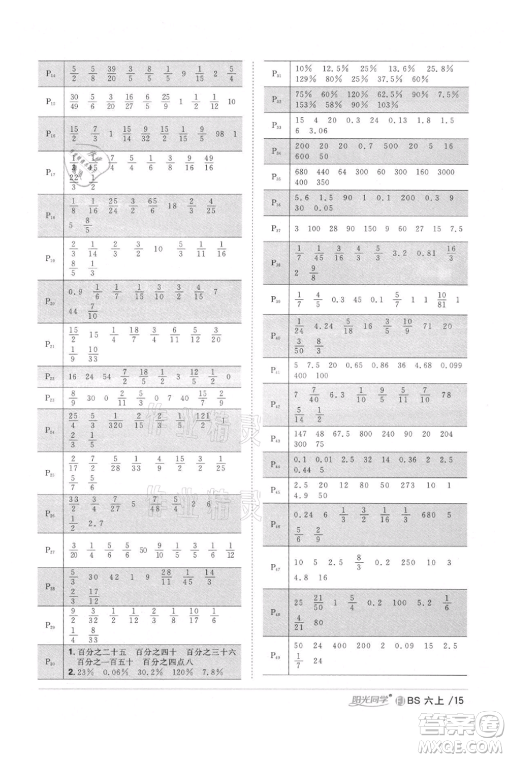 江西教育出版社2021陽光同學(xué)課時(shí)優(yōu)化作業(yè)六年級上冊數(shù)學(xué)北師大版福建專版參考答案