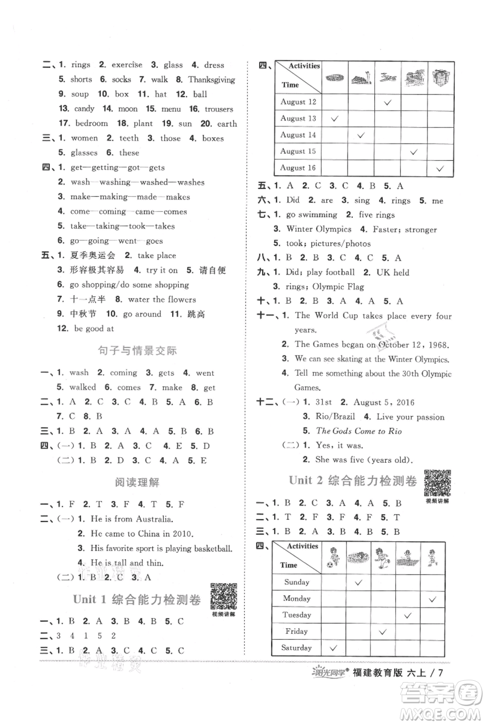 江西教育出版社2021陽(yáng)光同學(xué)課時(shí)優(yōu)化作業(yè)六年級(jí)上冊(cè)英語(yǔ)福建教育版參考答案